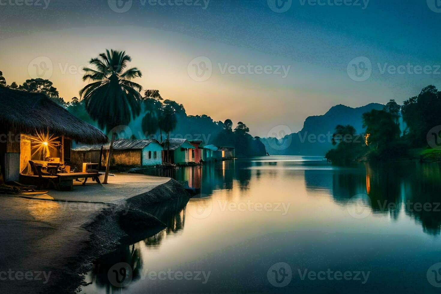 a river in the mountains with huts and palm trees. AI-Generated photo