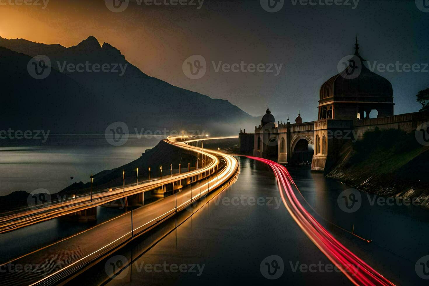 a bridge with lights on it and a mountain in the background. AI-Generated photo