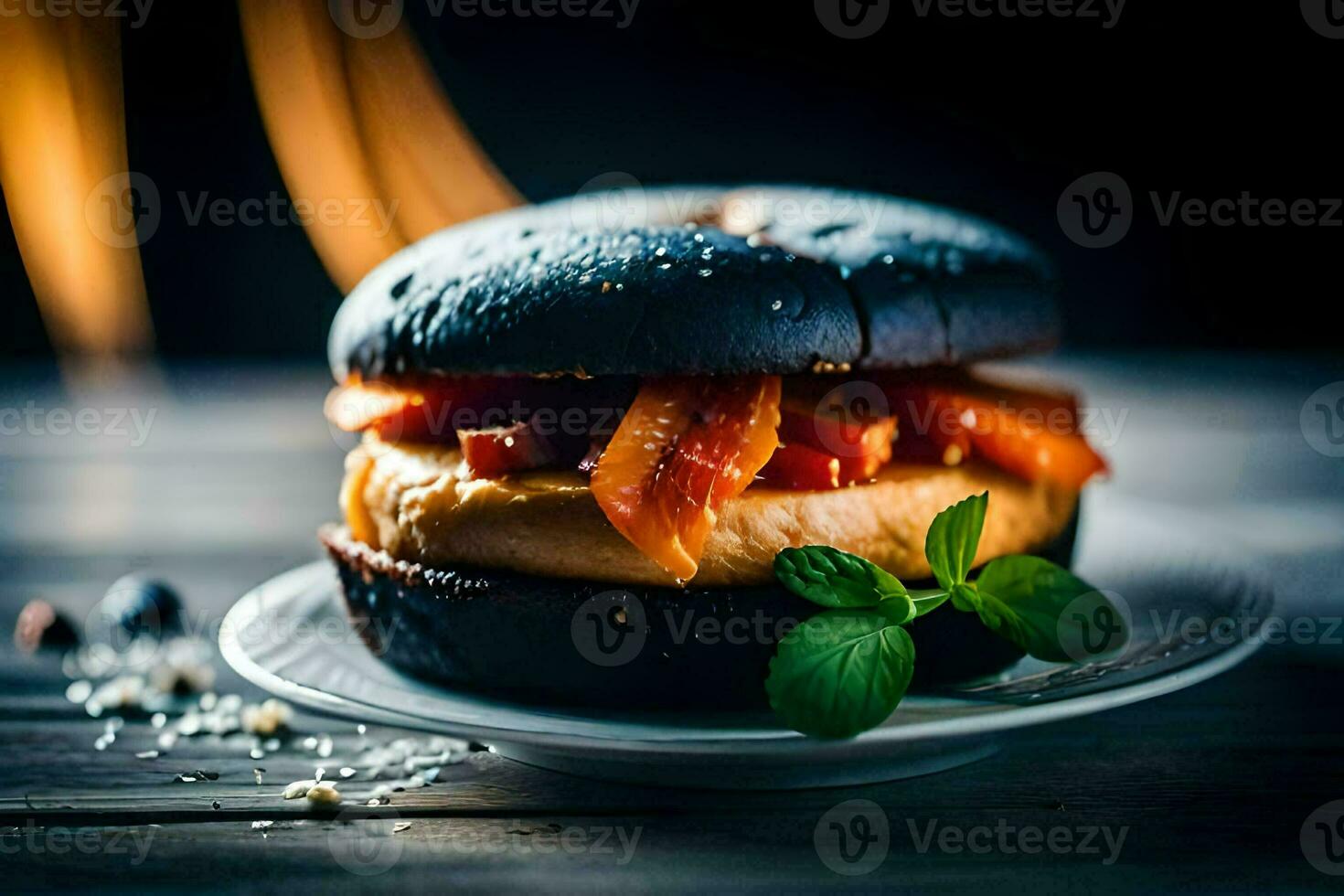 a burger with cheese and tomato on a white plate. AI-Generated photo