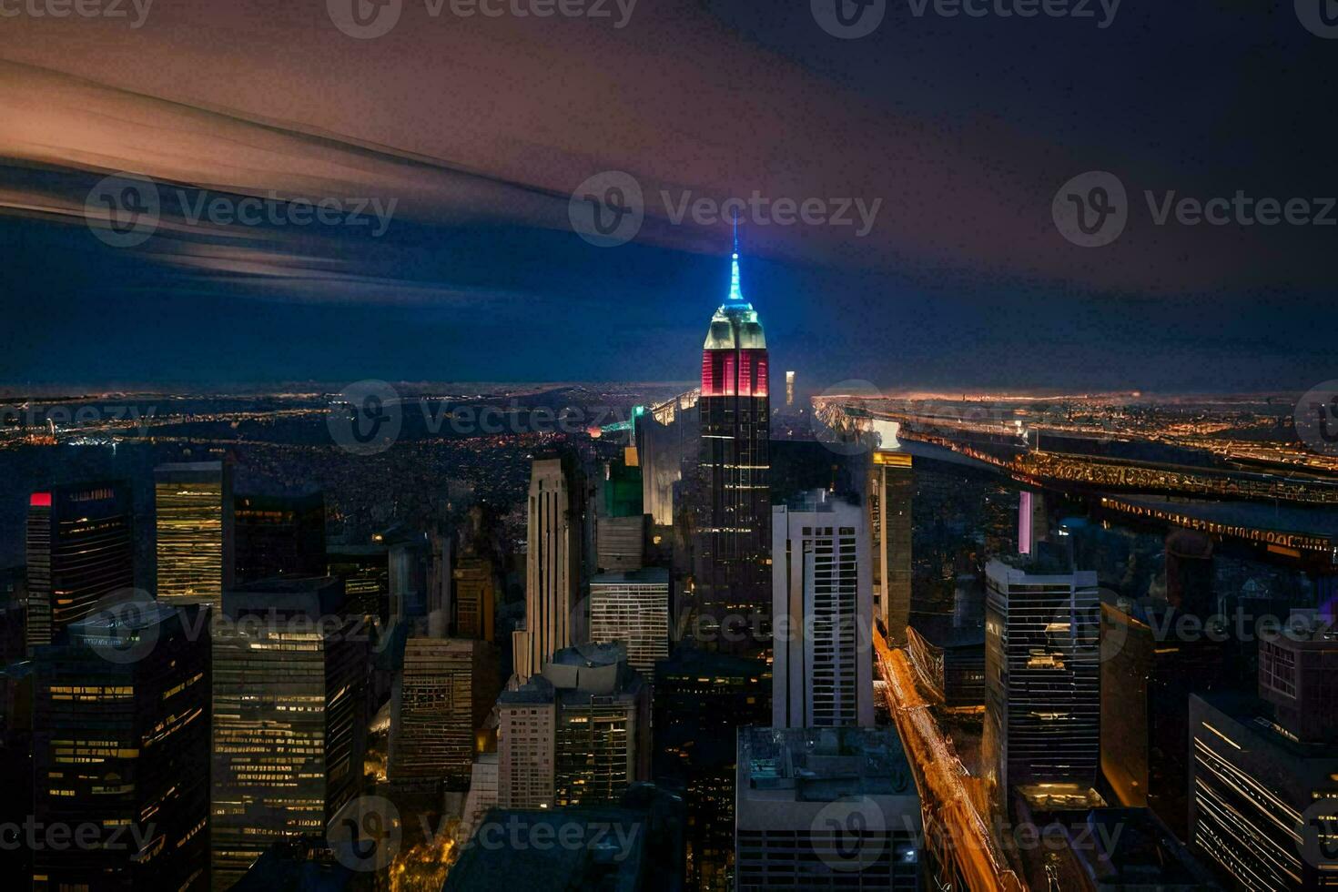 the empire state building is lit up in blue and red. AI-Generated photo