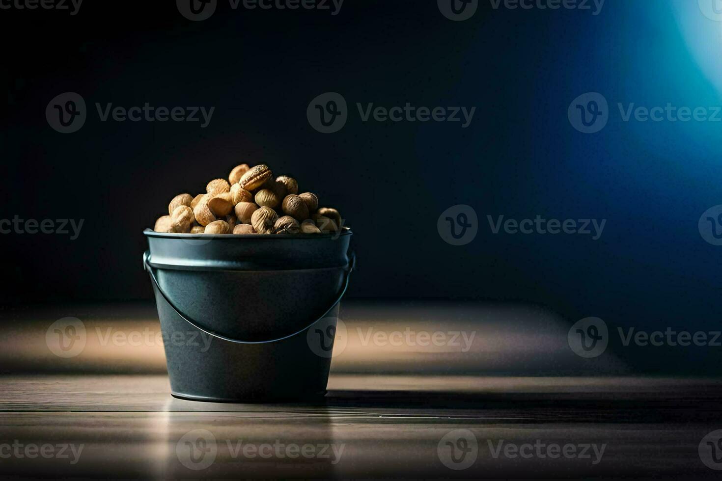 a bucket of walnuts on a table. AI-Generated photo