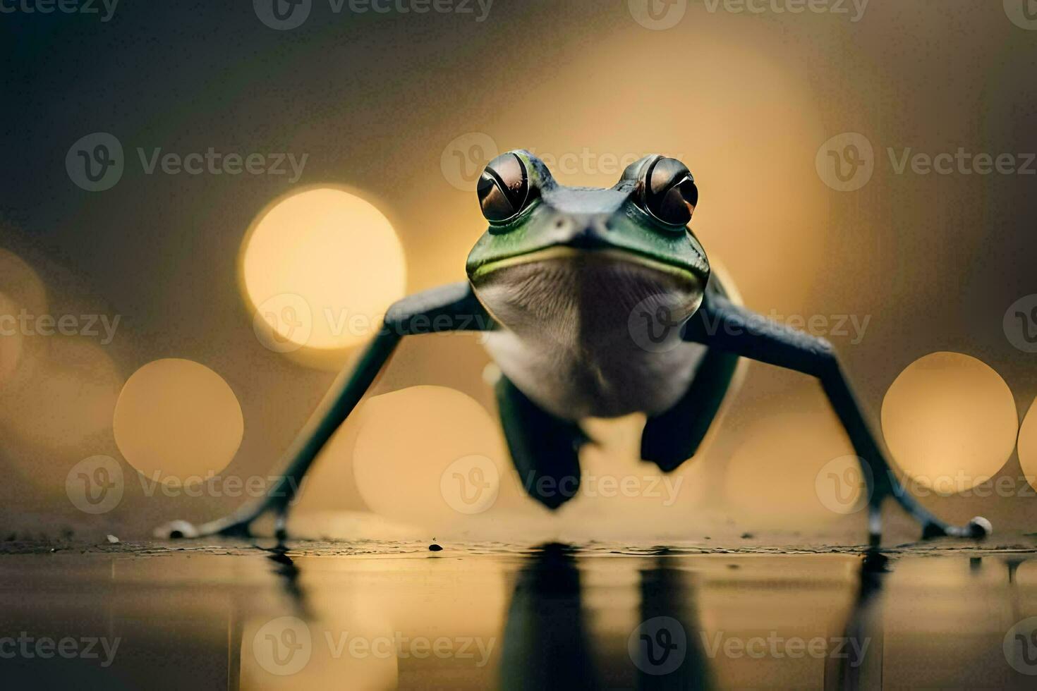 un rana es en pie en un mojado superficie. generado por ai foto