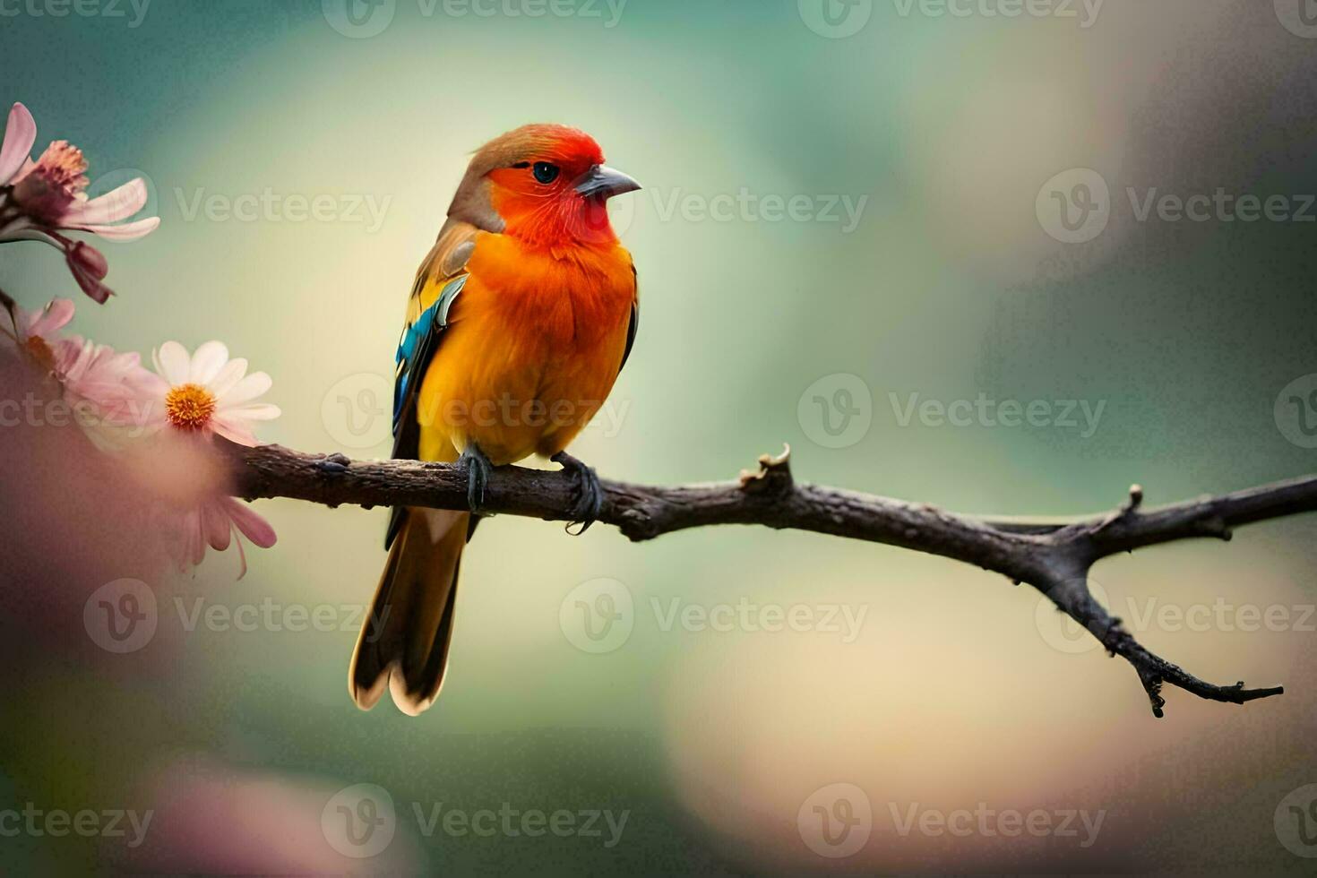 a colorful bird sits on a branch with pink flowers. AI-Generated photo