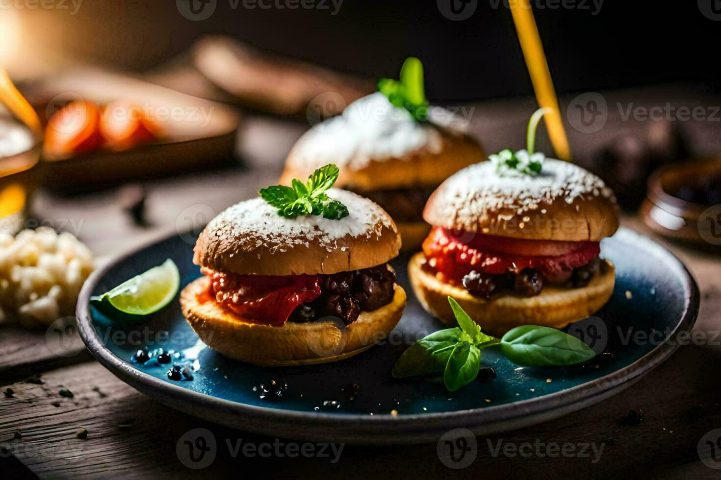 three mini sandwiches on a plate with spices. AI-Generated photo