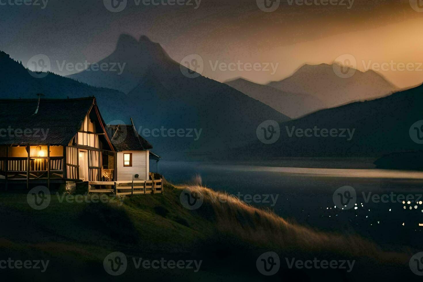 a house sits on the edge of a lake at dusk. AI-Generated photo