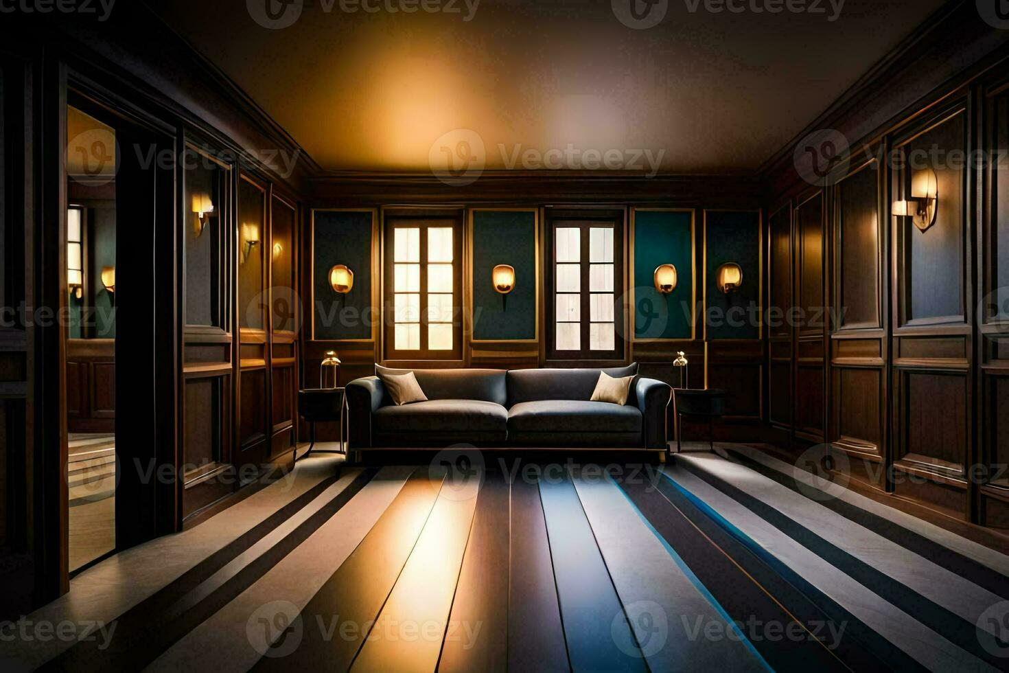 a room with dark wood paneling and a couch. AI-Generated photo