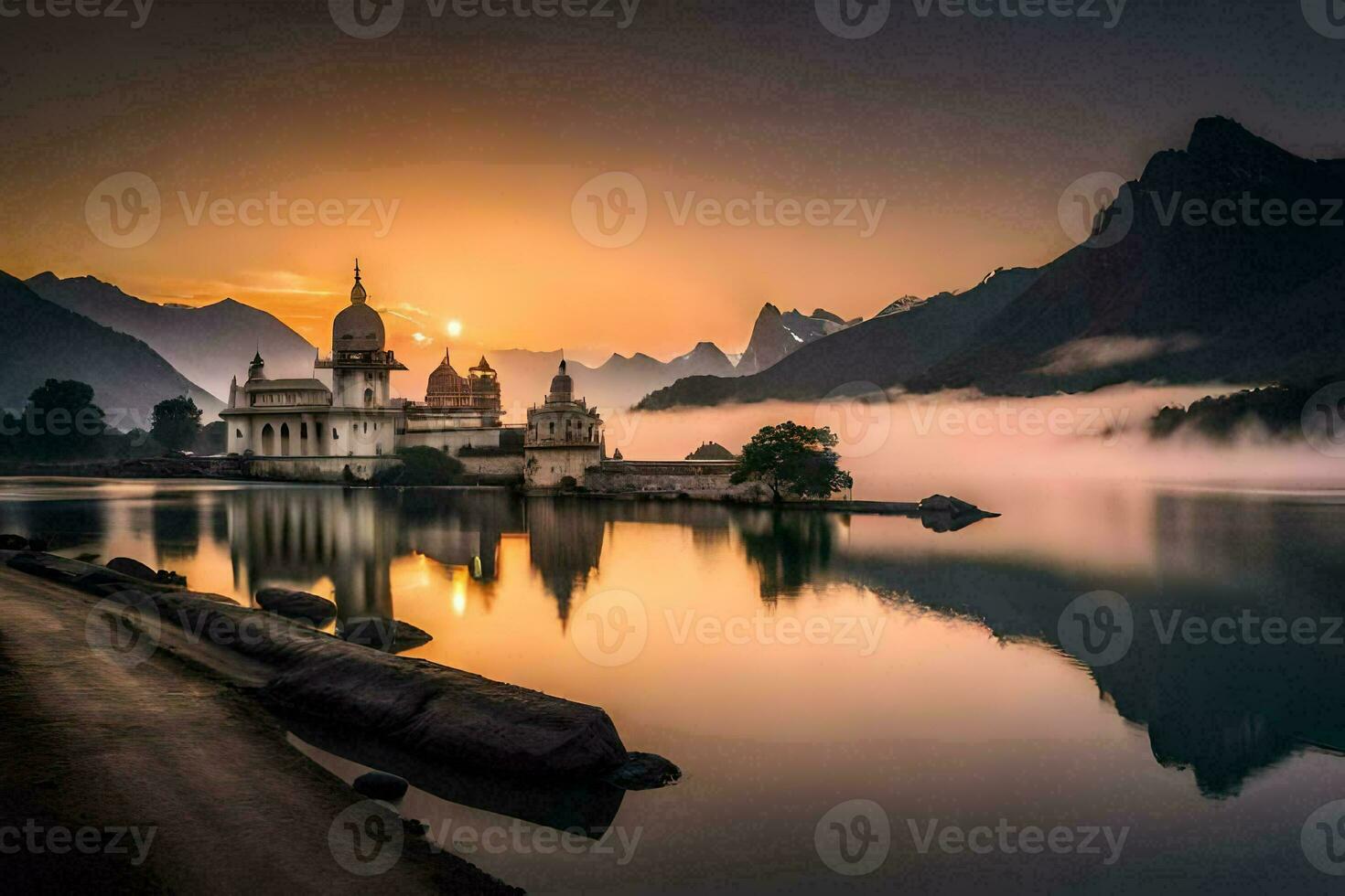 a church sits on the shore of a lake at sunrise. AI-Generated photo