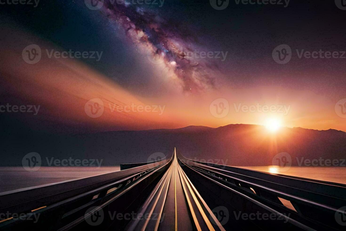a long bridge with the sun setting over it. AI-Generated photo