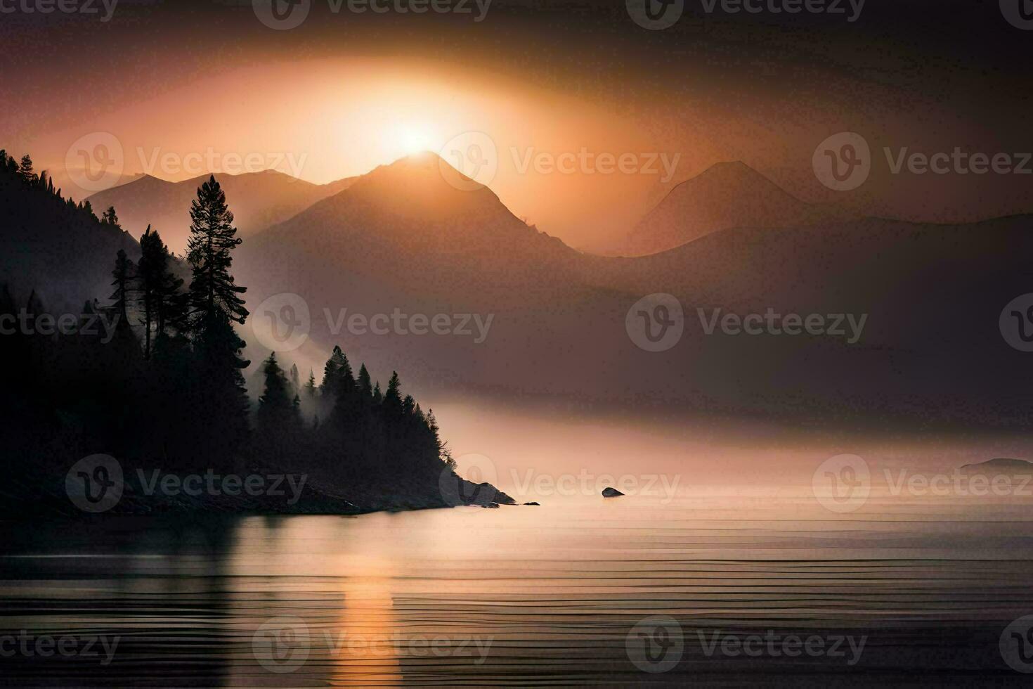 the sun rises over a mountain range and a lake. AI-Generated photo