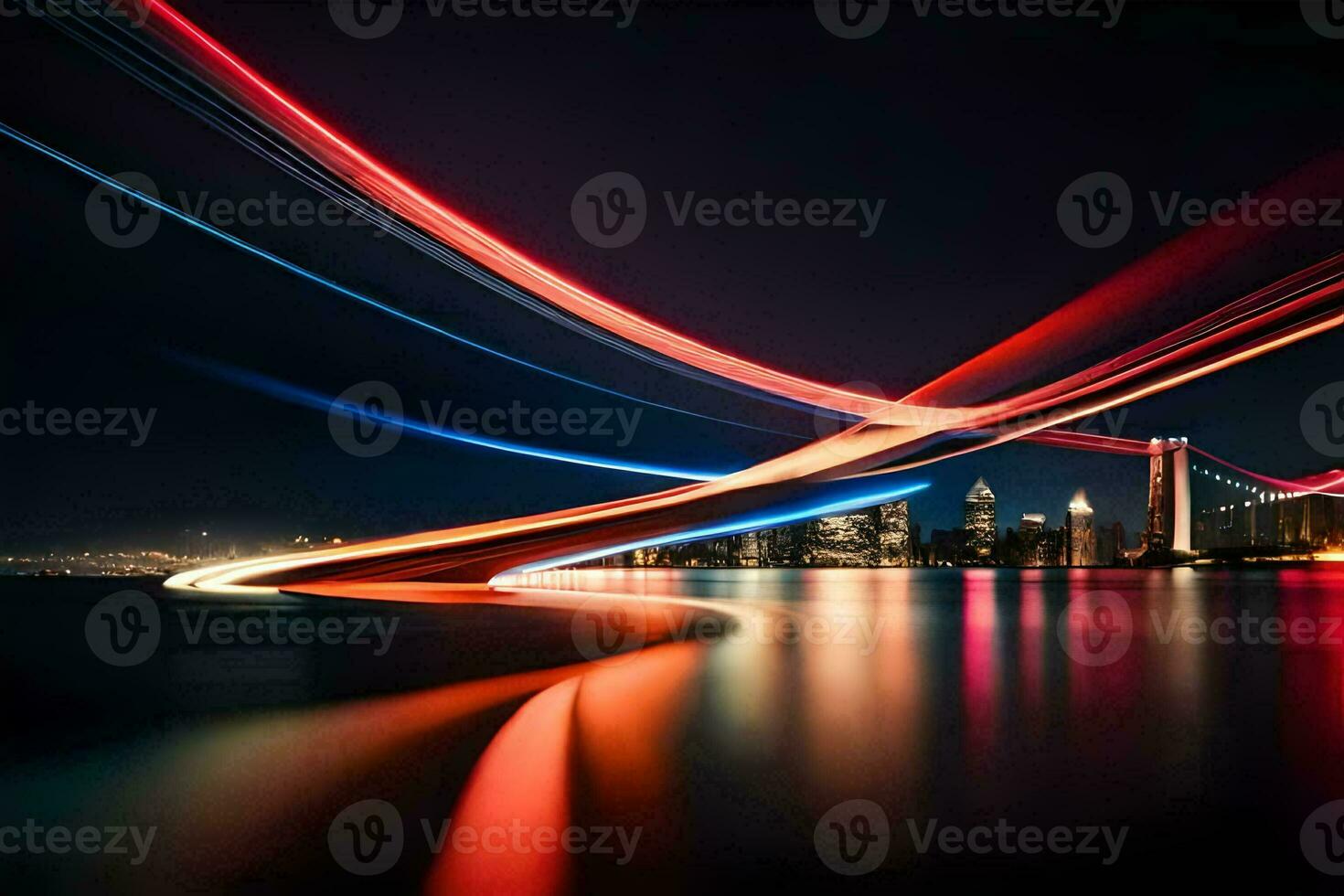 un largo exposición fotografía de un ciudad horizonte a noche. generado por ai foto