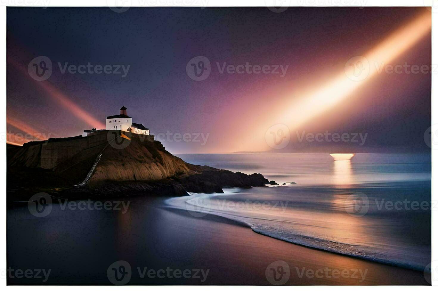 a lighthouse on the coast with a bright light shining through the clouds. AI-Generated photo