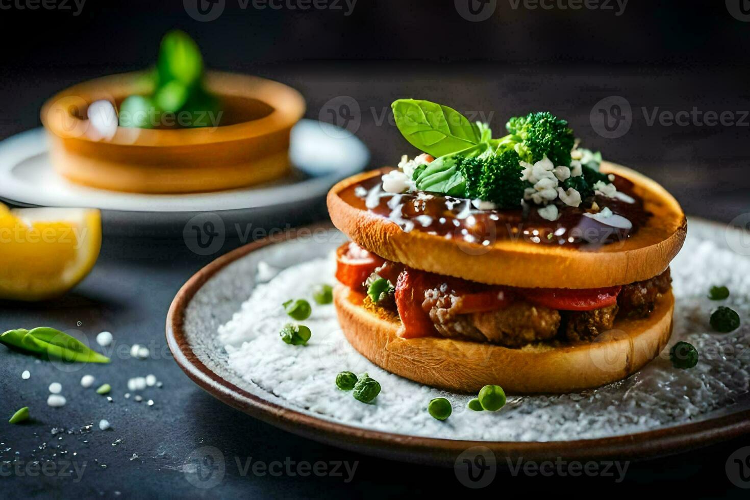 a sandwich with meat and vegetables on a plate. AI-Generated photo