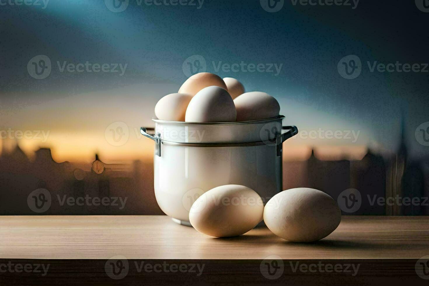 eggs in a bucket on a table with cityscape in the background. AI-Generated photo