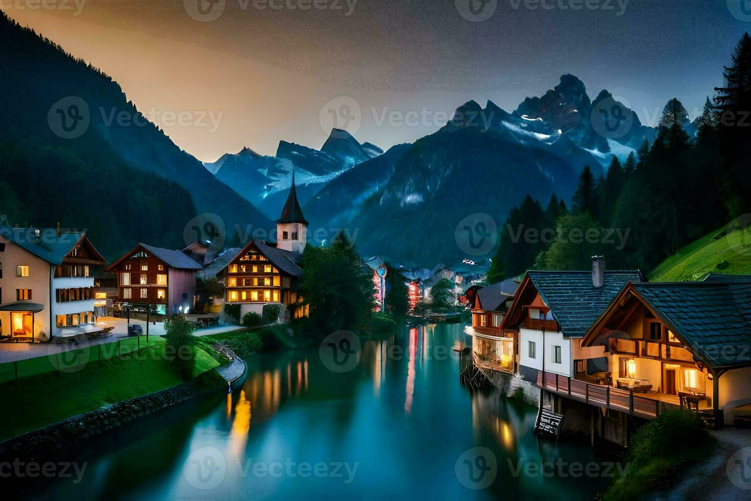 a river runs through a town at dusk. AI-Generated photo