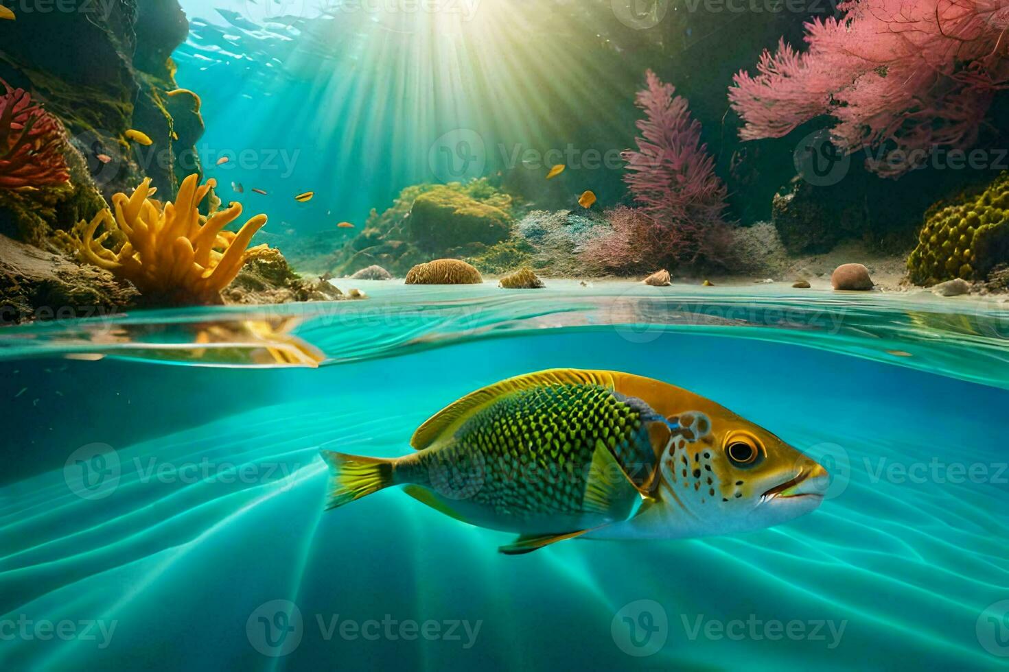 fish swimming in the ocean with coral reefs and sun. AI-Generated photo