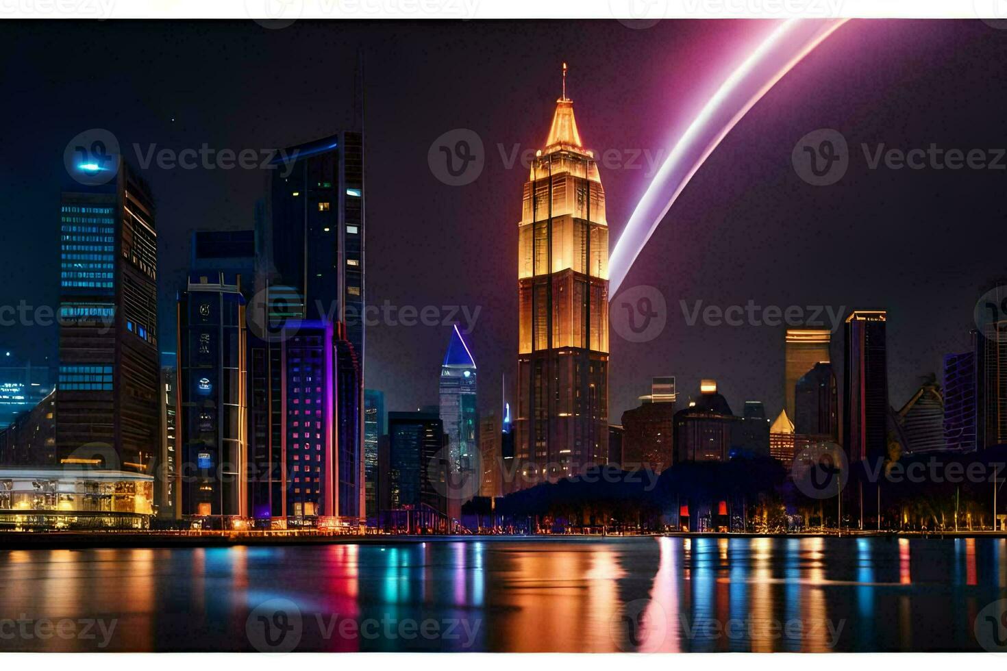 a city skyline lit up at night with a rocket. AI-Generated photo
