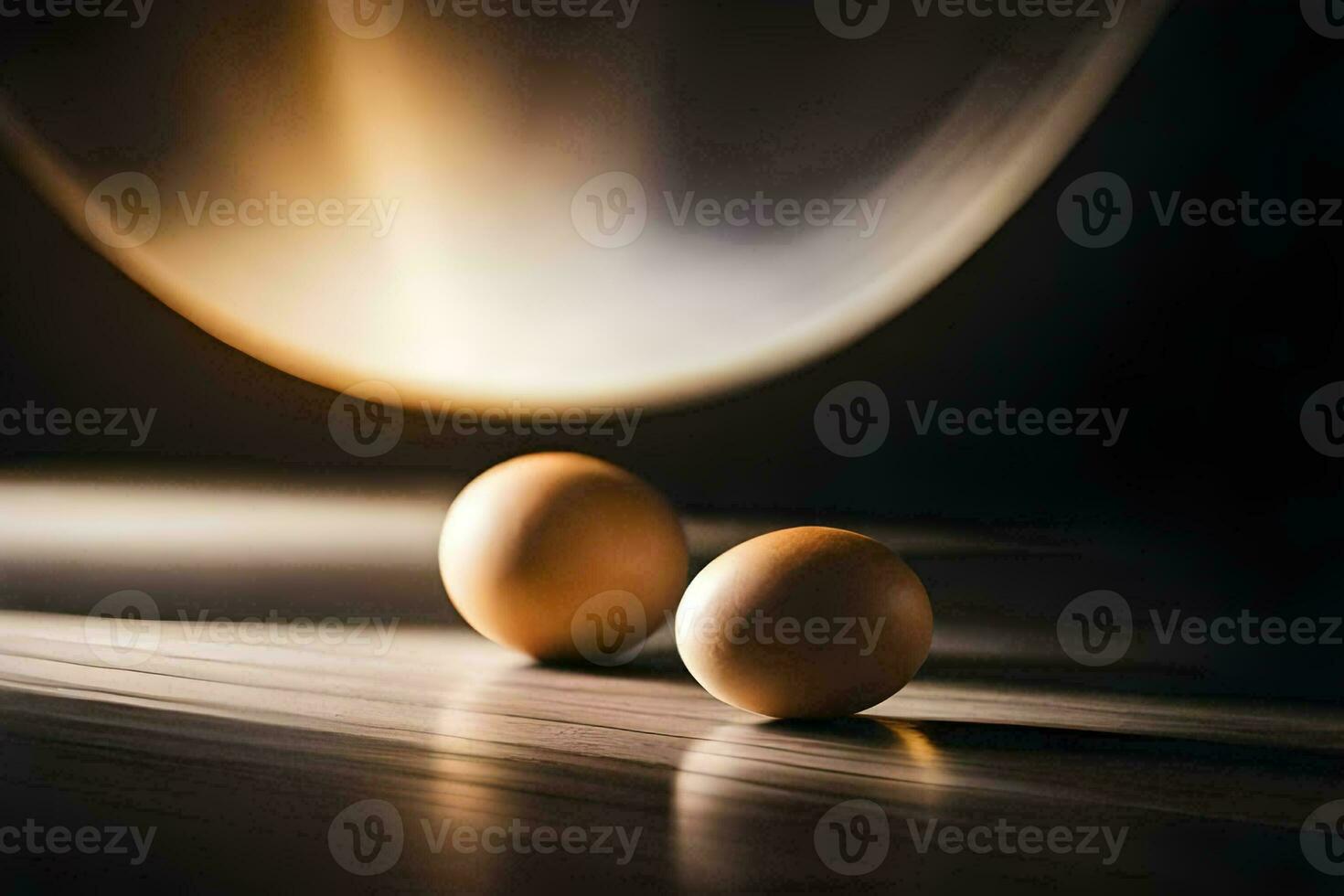 two eggs on a table with a light behind them. AI-Generated photo