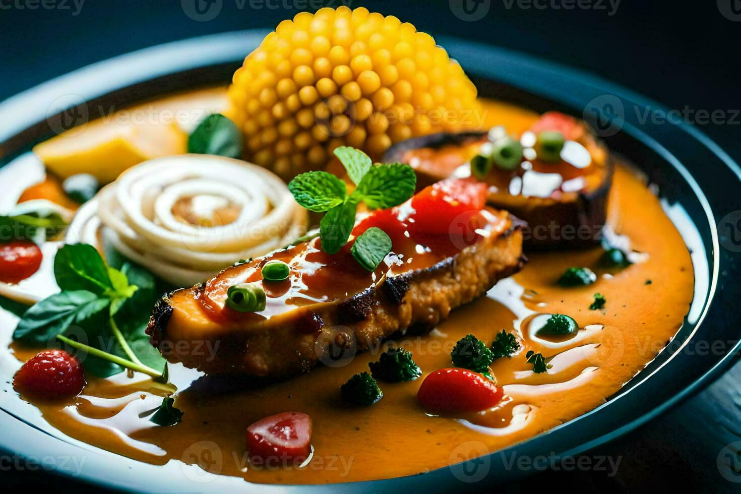 a plate of food with meat and vegetables. AI-Generated photo