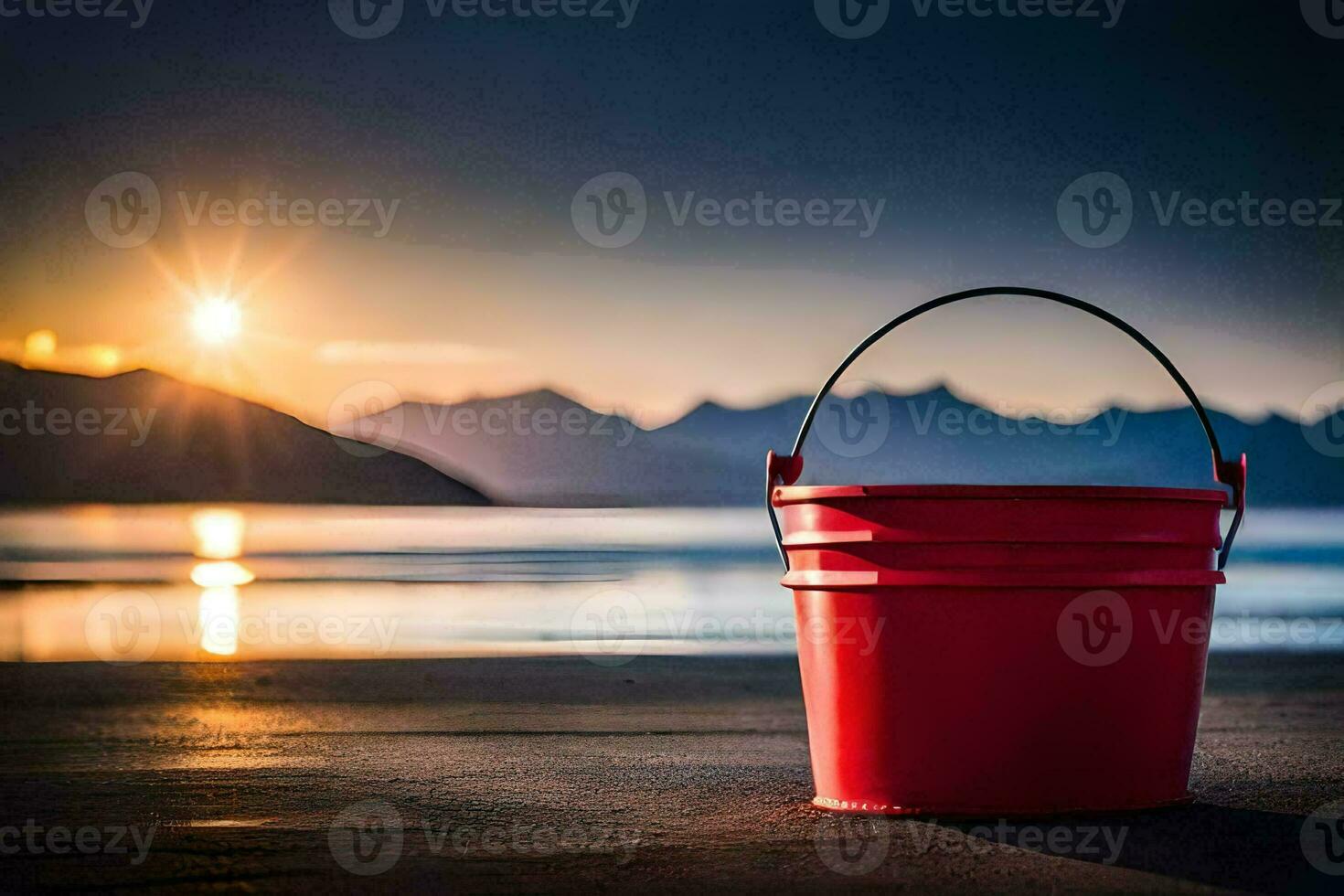 a red bucket sits on the beach at sunset. AI-Generated photo