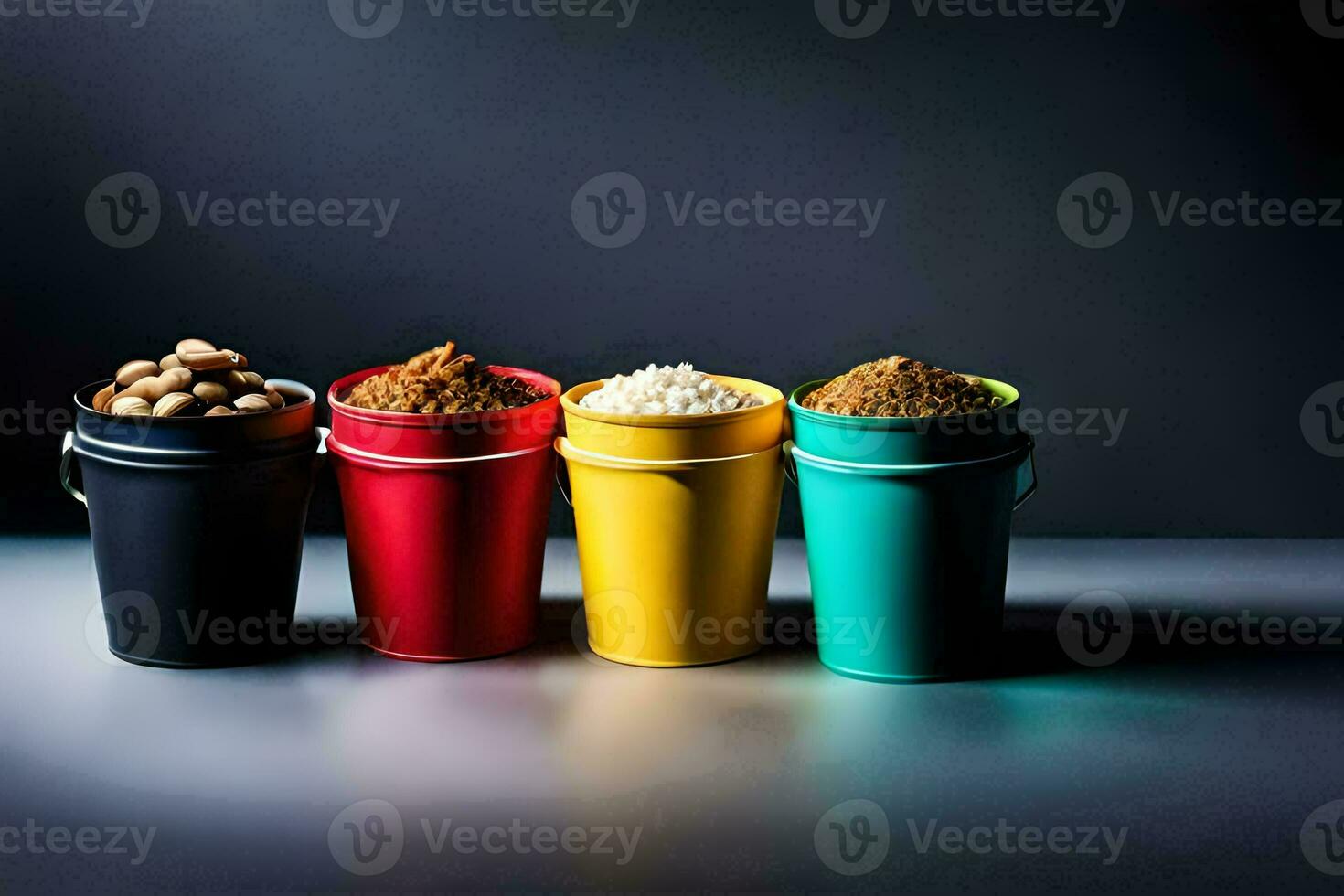 four colorful buckets with different types of food. AI-Generated photo