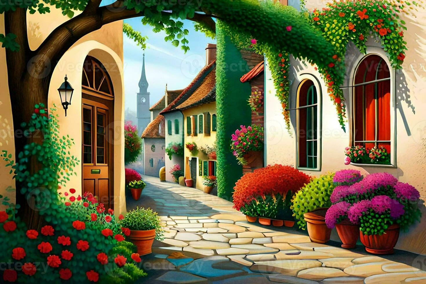 a painting of a street with flowers and trees. AI-Generated photo