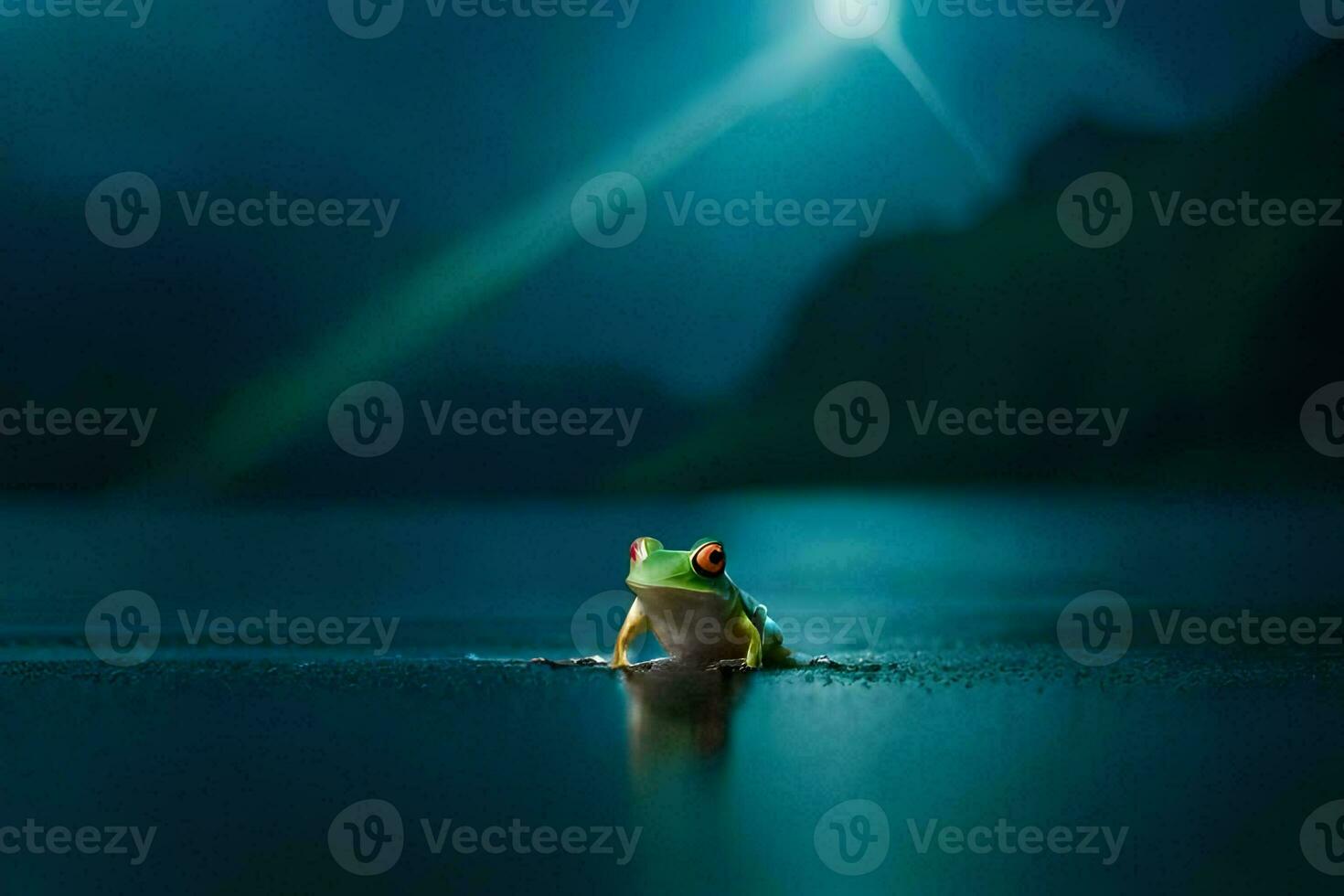 a frog sitting on the water at night. AI-Generated photo