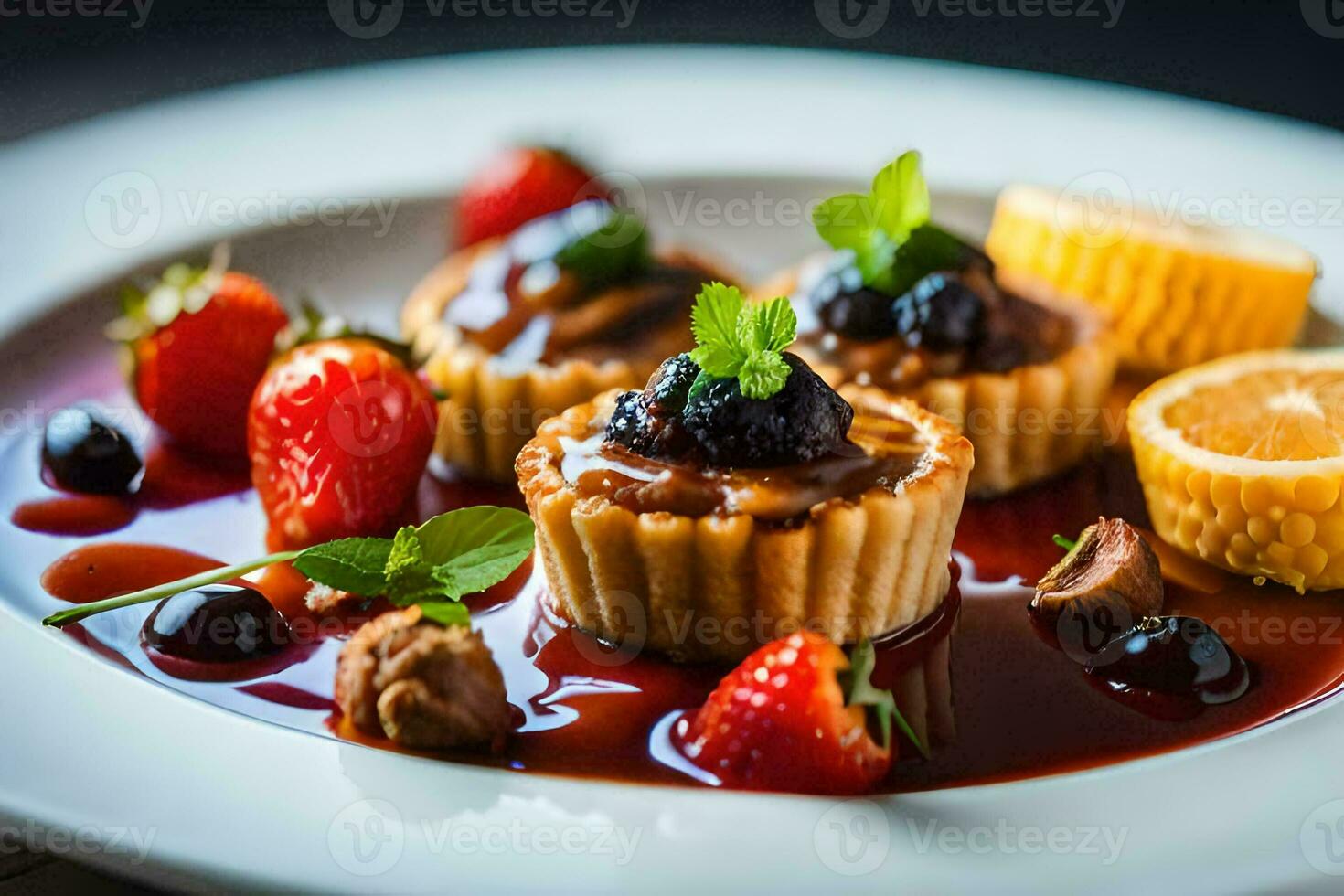 a plate with three desserts and strawberries. AI-Generated photo