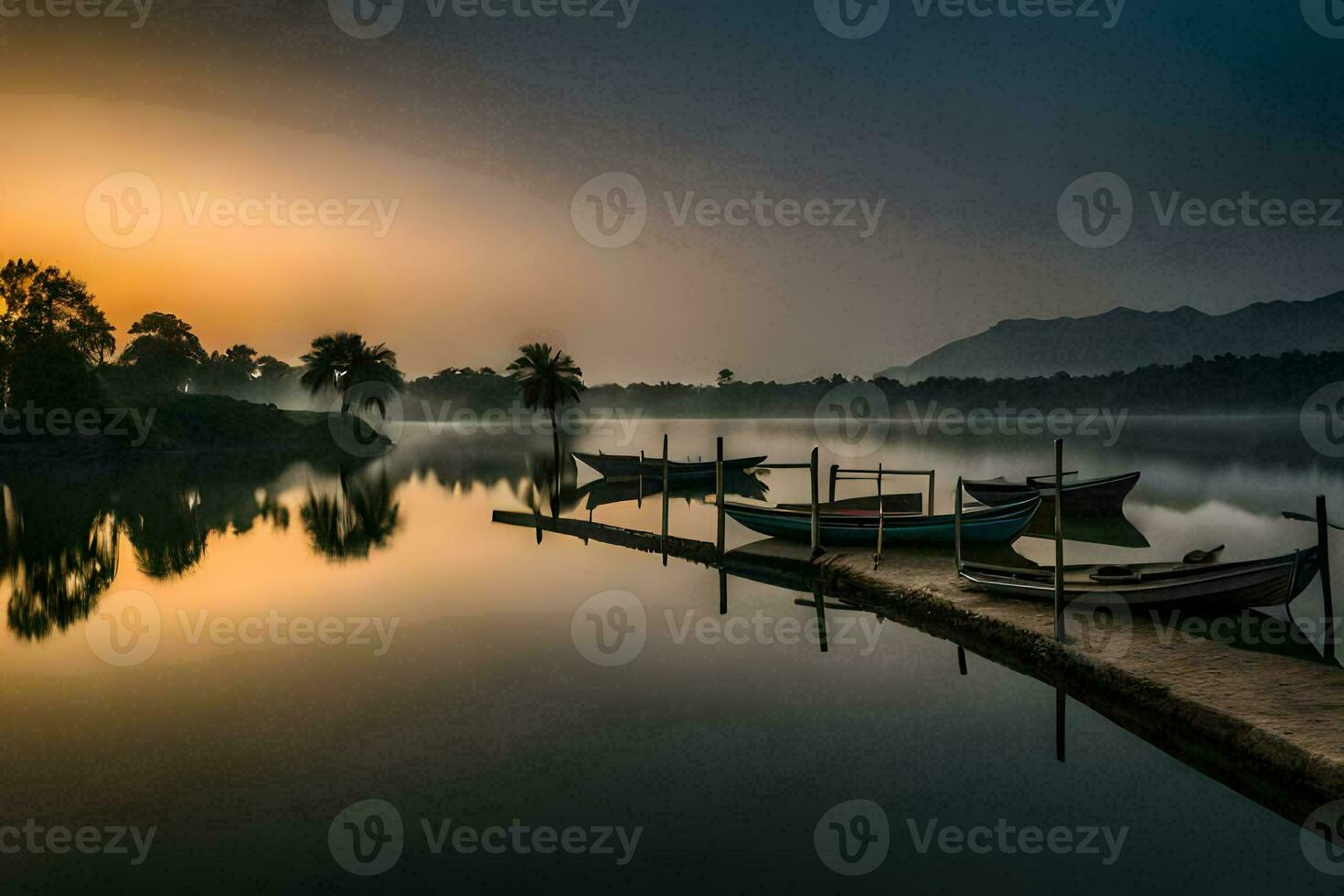 barcos son atracado en el agua a amanecer. generado por ai foto