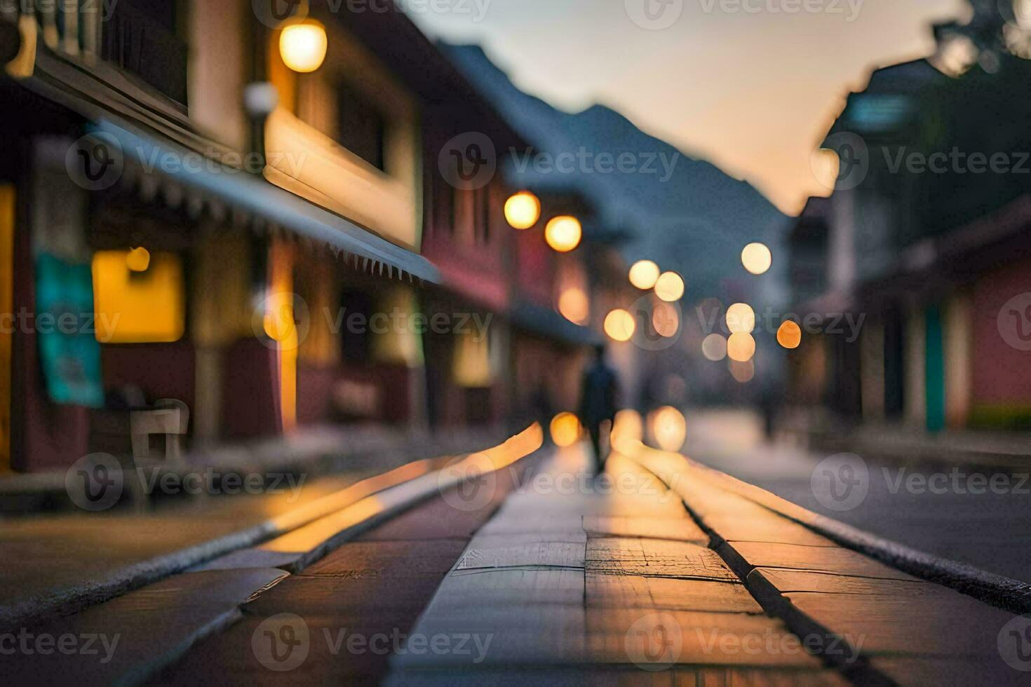 a blurry image of a street at dusk. AI-Generated photo
