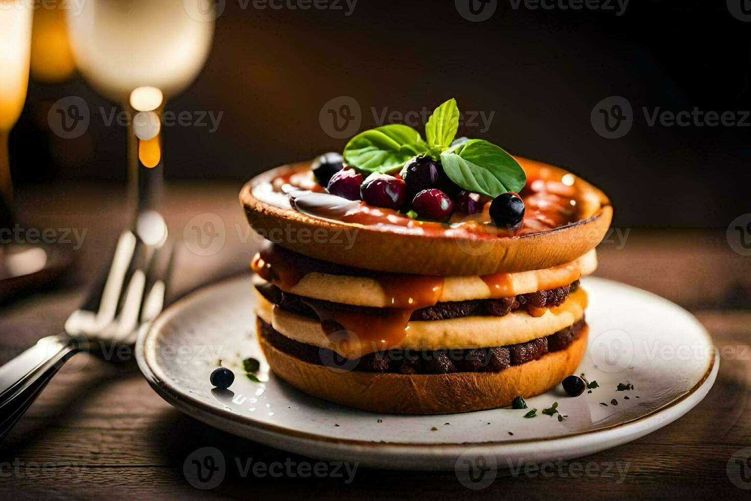 a stack of pancakes with berries and syrup. AI-Generated photo