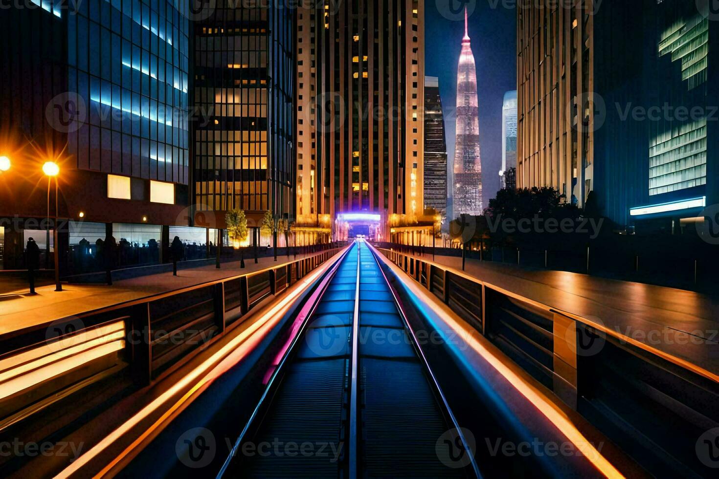 a train going through a city at night. AI-Generated photo