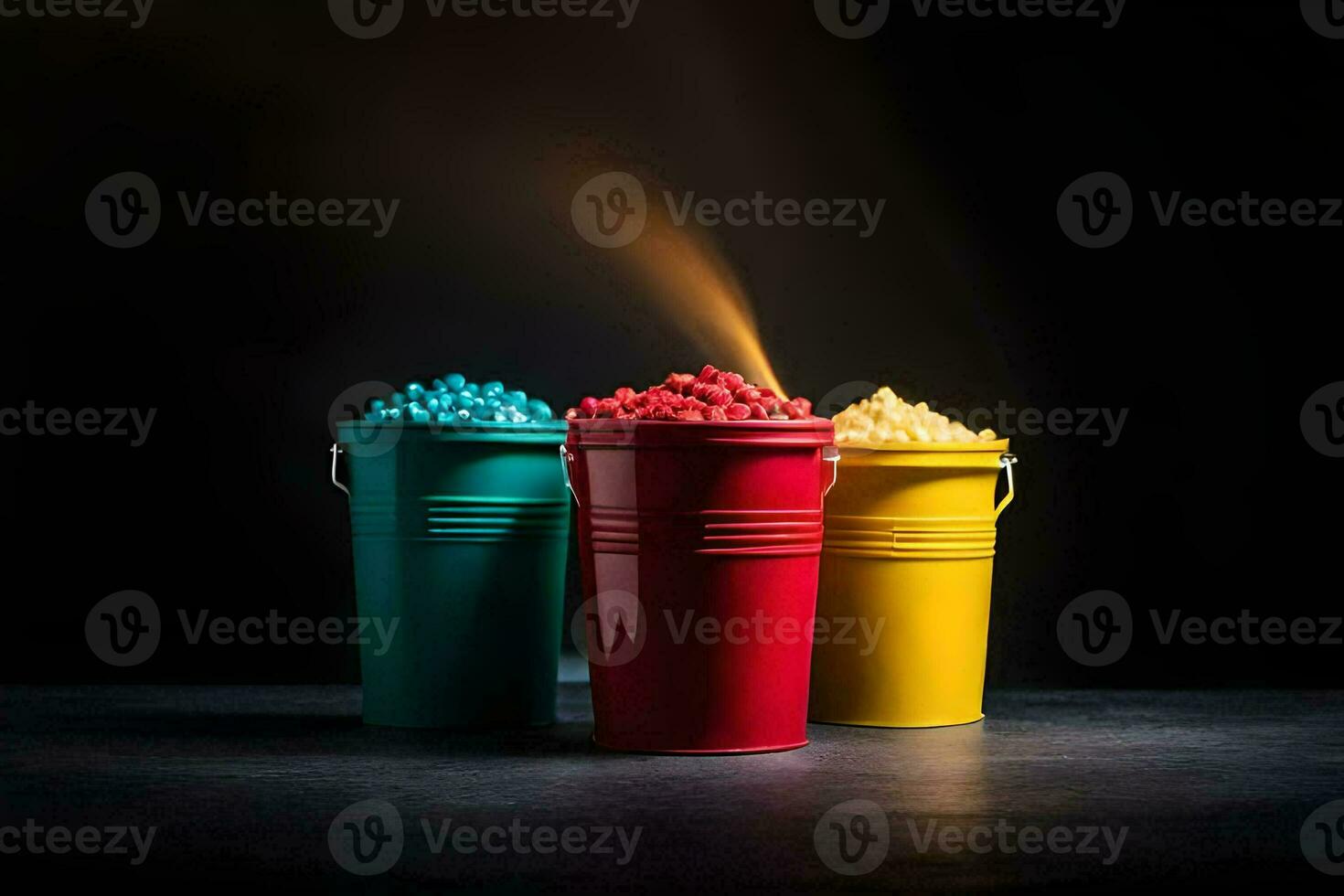 three buckets of popcorn on a black background. AI-Generated photo