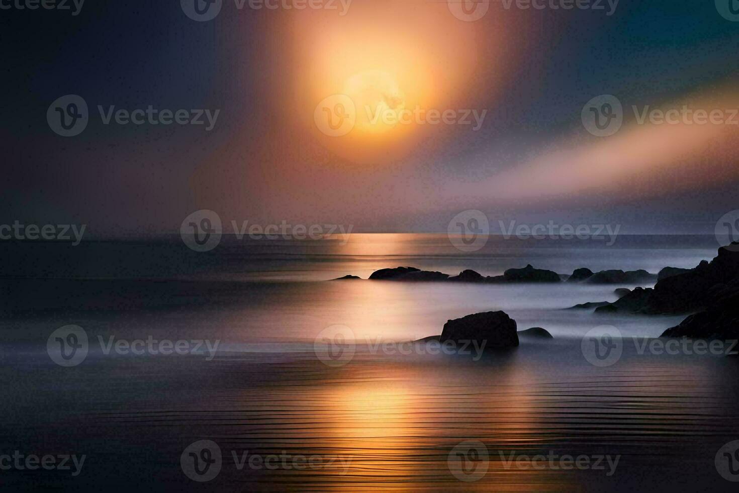 a full moon is seen over the ocean in this photo. AI-Generated photo