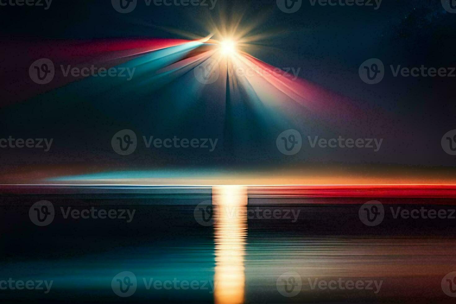 a bright light shines over the ocean at night. AI-Generated photo