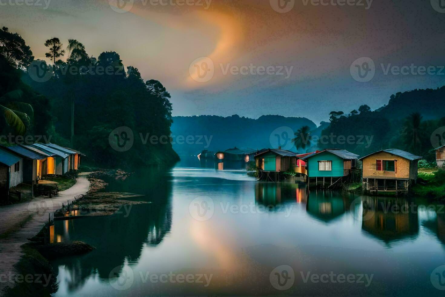 houses on the river at sunset. AI-Generated photo