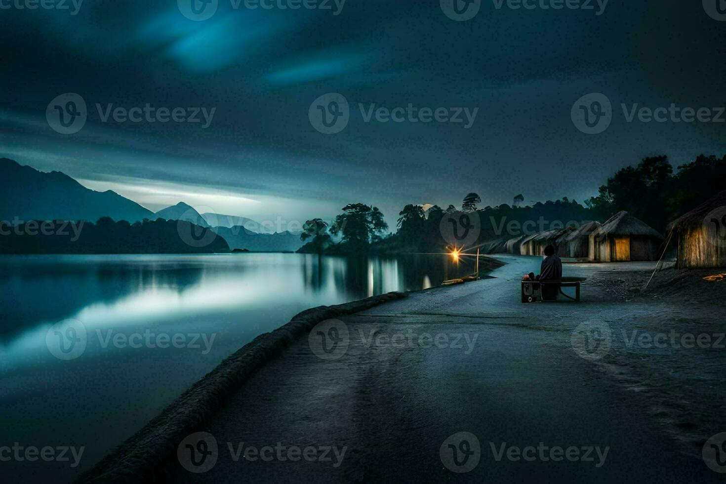 un lago a noche con chozas y un bote. generado por ai foto