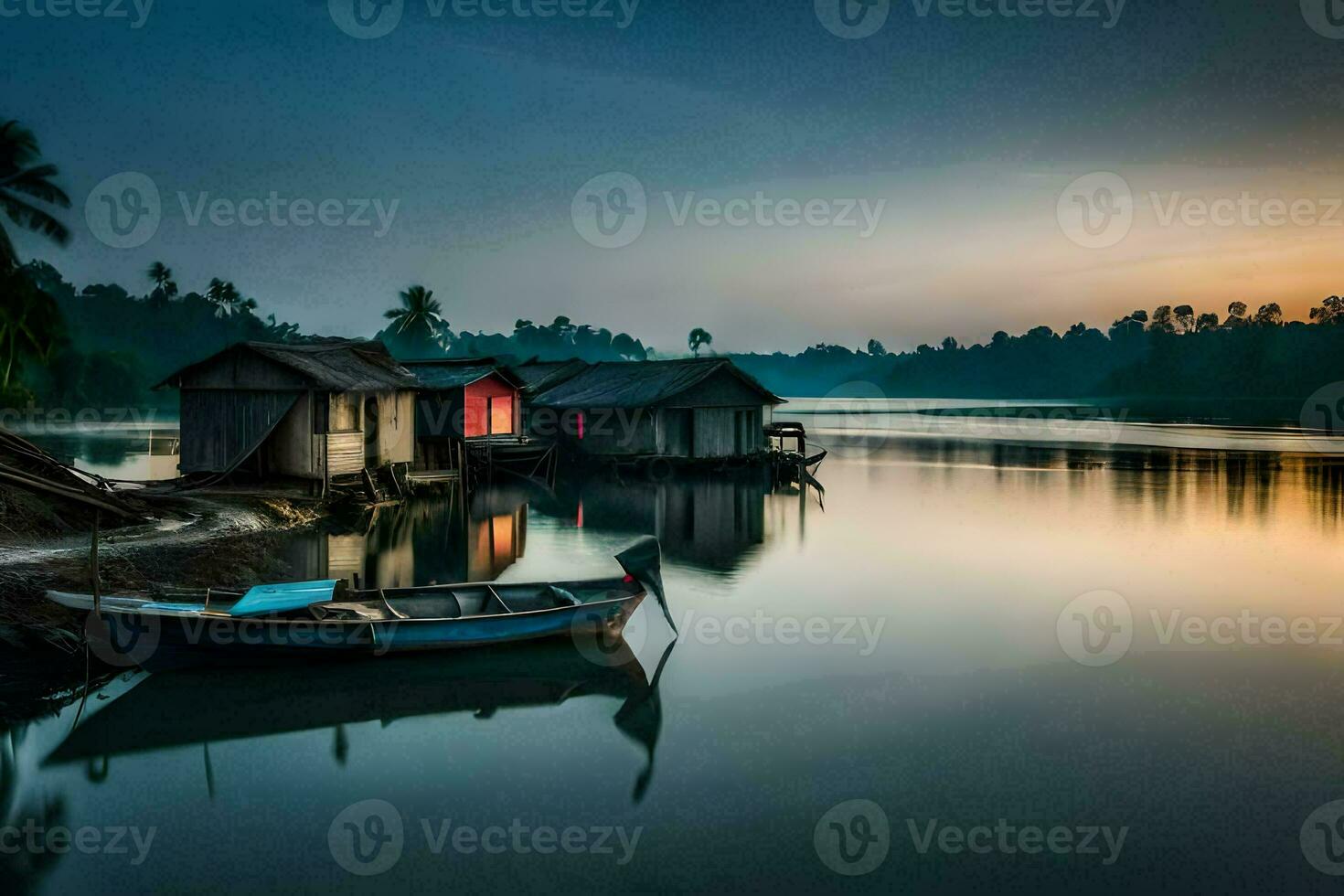 a boat sits on the shore of a lake at sunset. AI-Generated photo