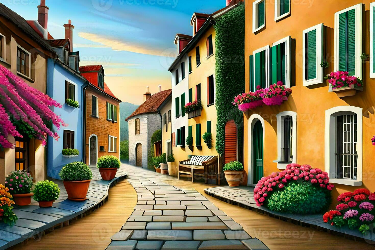 an artistic painting of a street with flowers and potted plants. AI-Generated photo