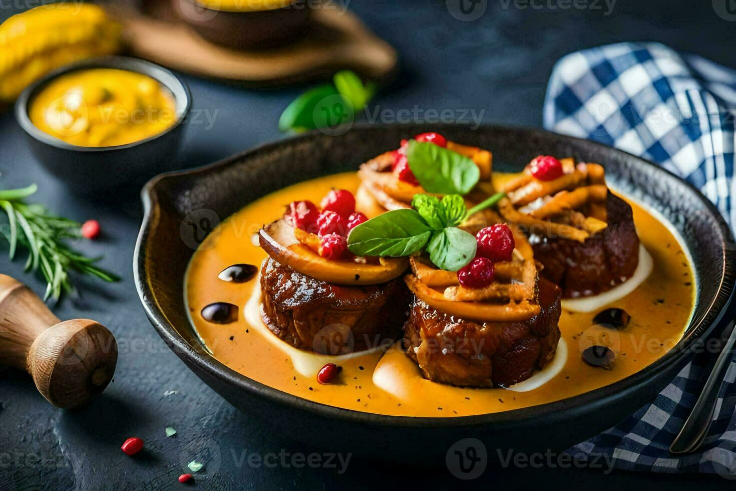 a plate of meat with sauce and vegetables. AI-Generated photo
