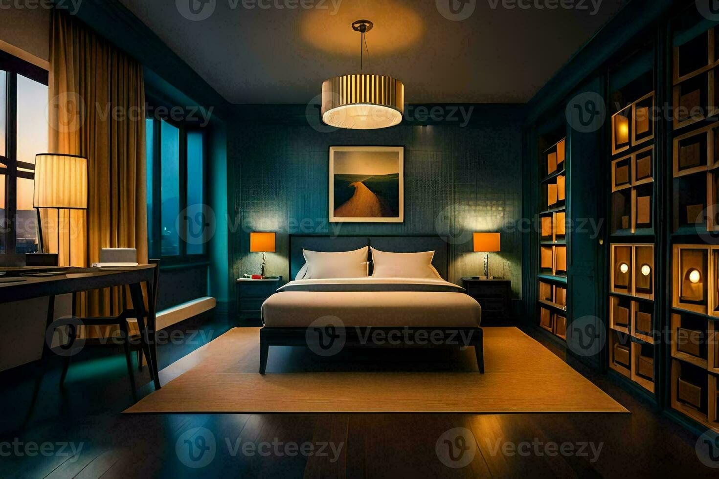 a bedroom with blue walls and a bed. AI-Generated photo