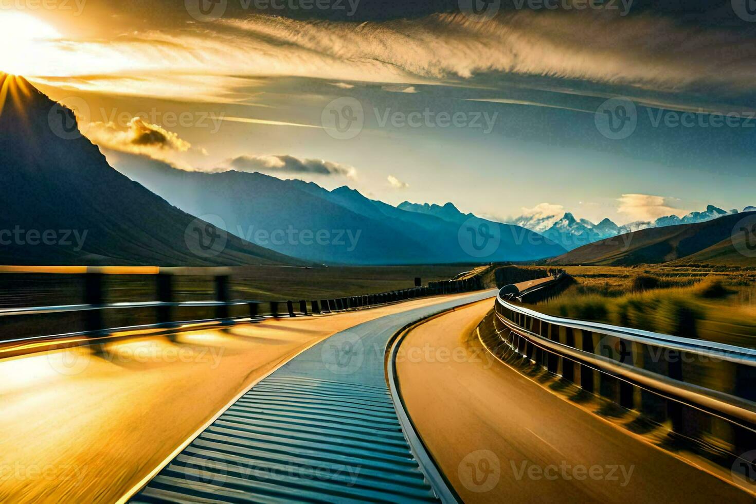 a long road with mountains in the background. AI-Generated photo