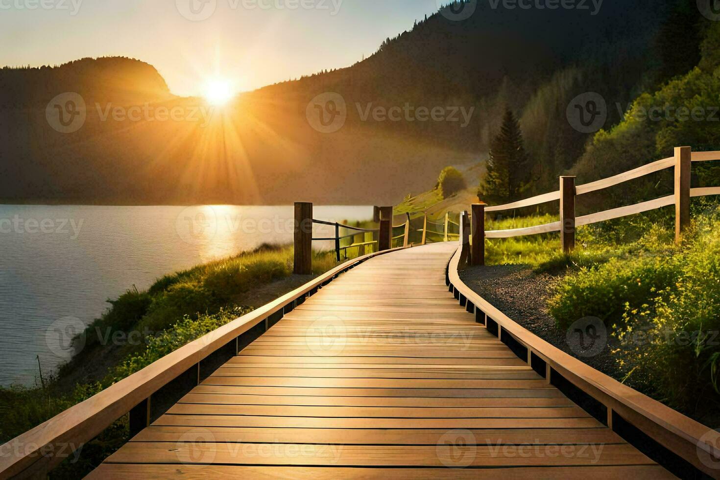 a wooden walkway leads to a lake at sunset. AI-Generated photo