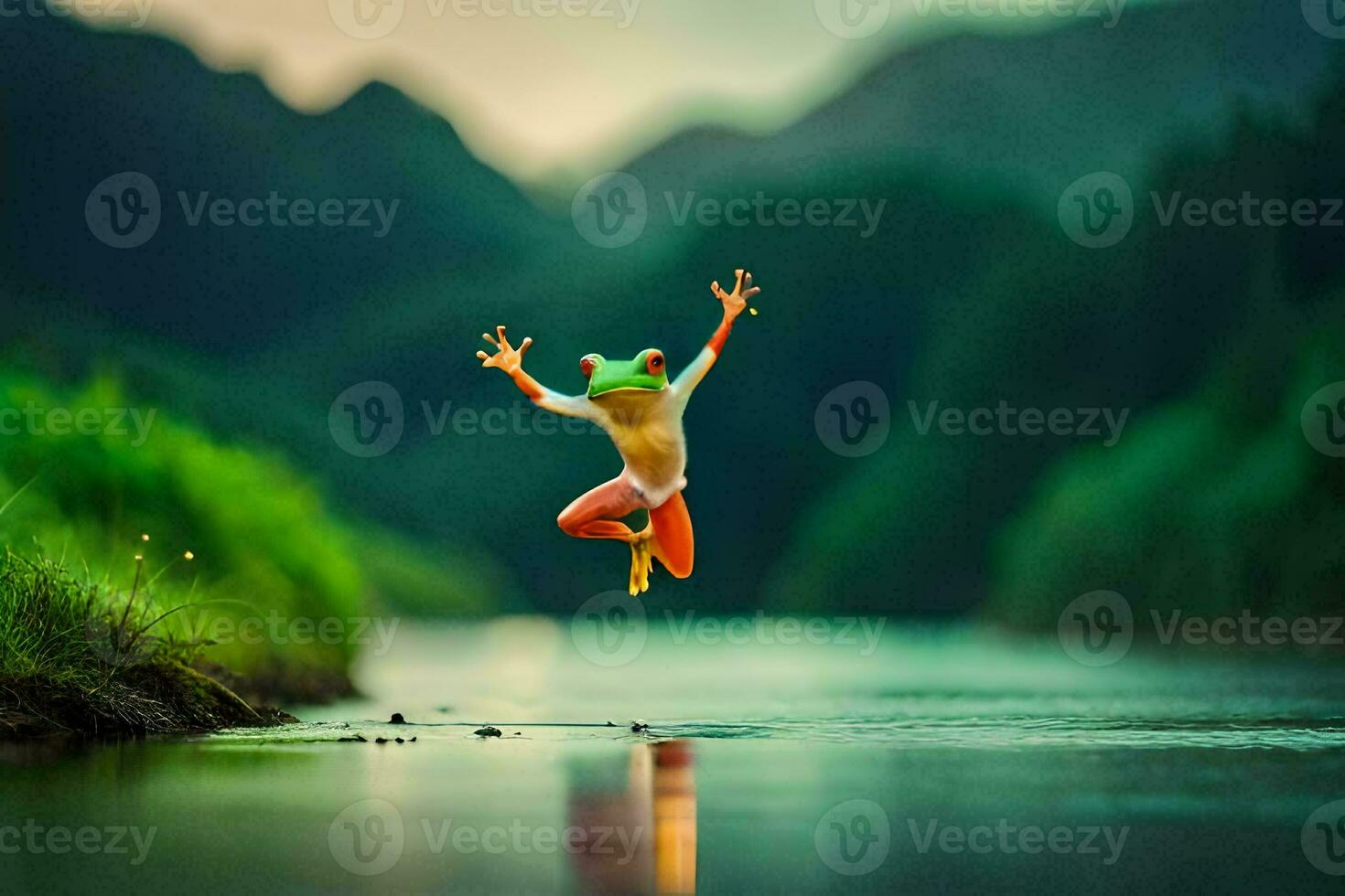 a frog jumping in the water with its legs outstretched. AI-Generated photo