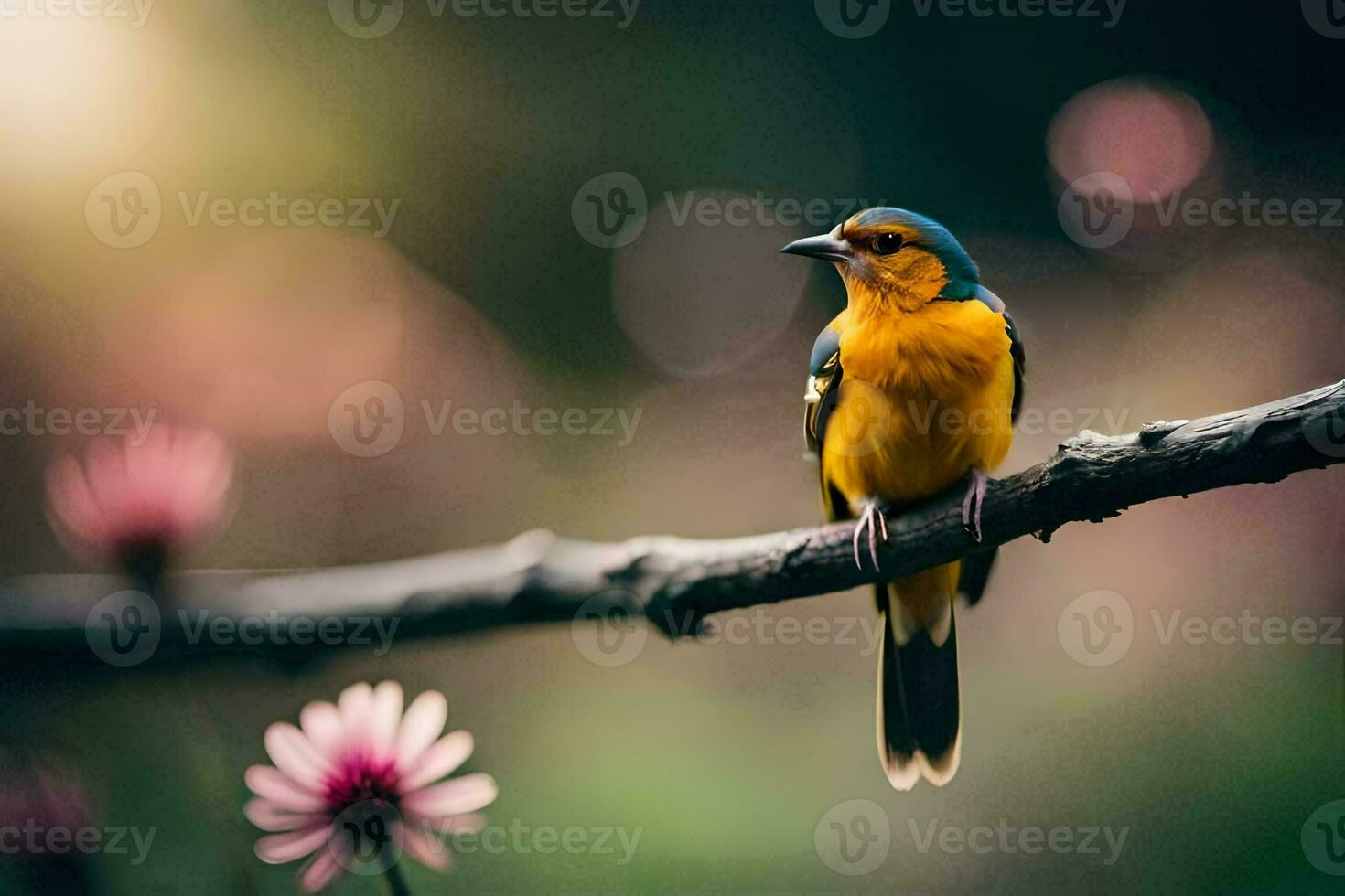 a colorful bird sits on a branch in front of a flower. AI-Generated photo