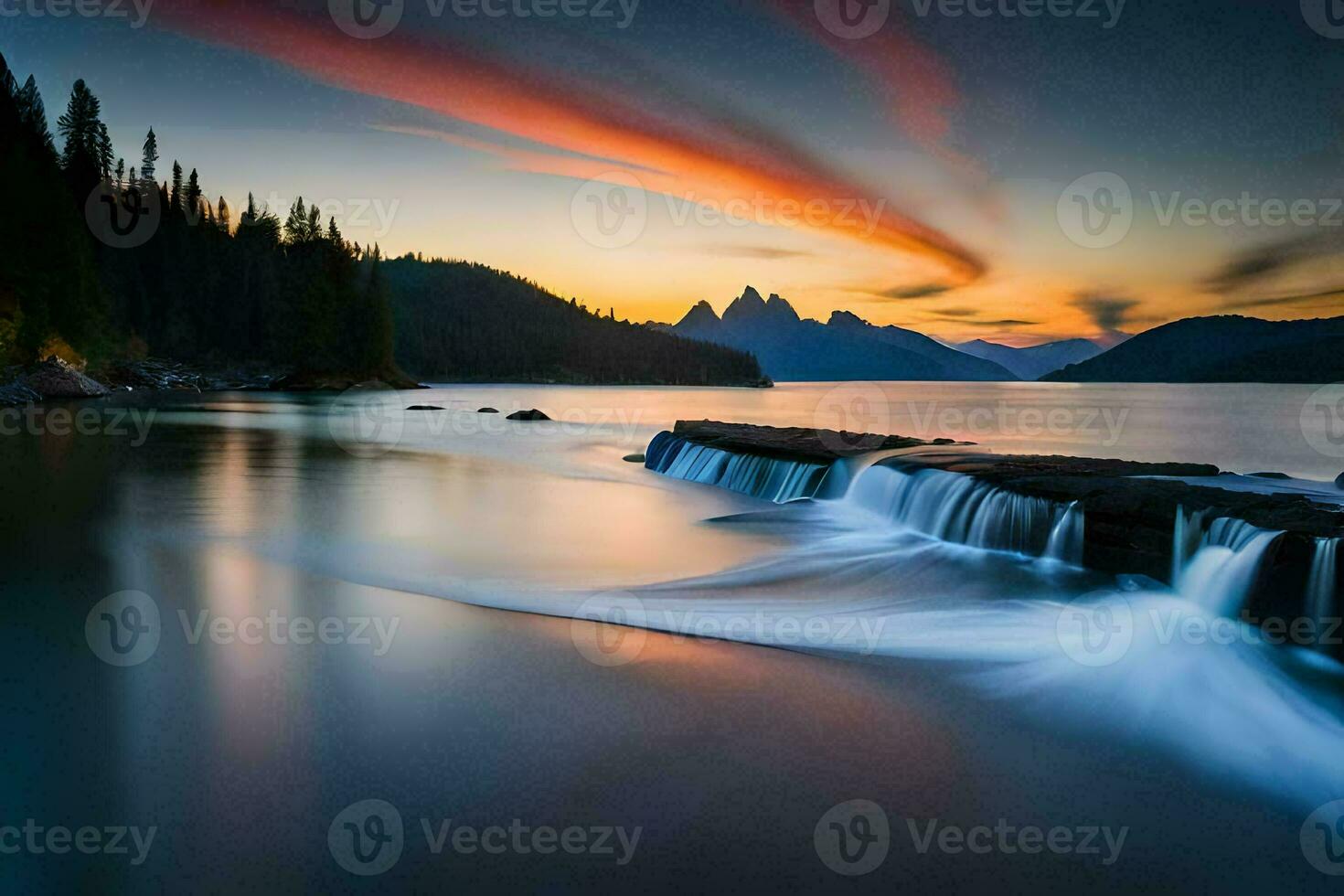 un hermosa puesta de sol terminado un lago con cascadas generado por ai foto