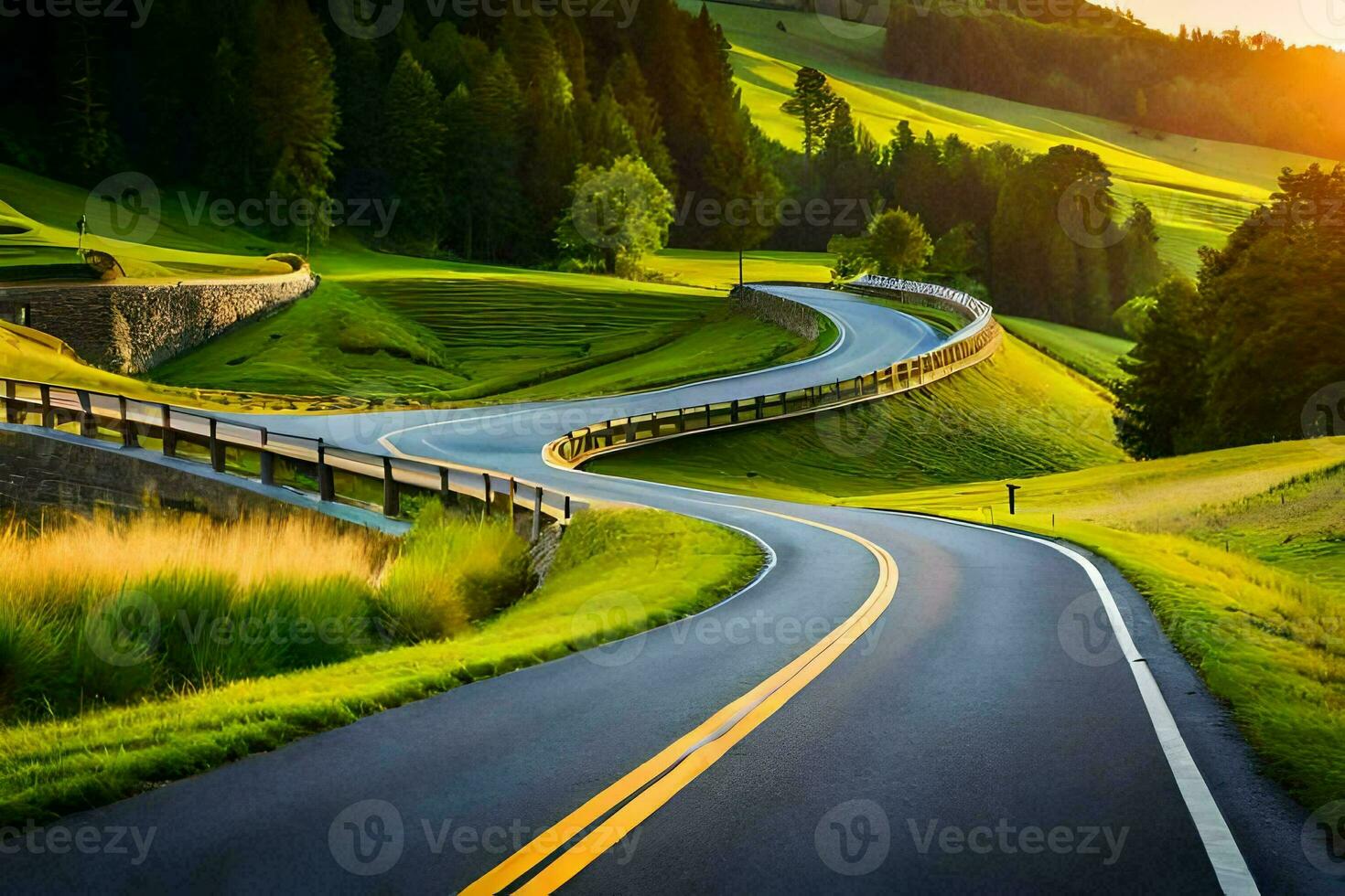 un devanado la carretera en el montañas con un puesta de sol. generado por ai foto