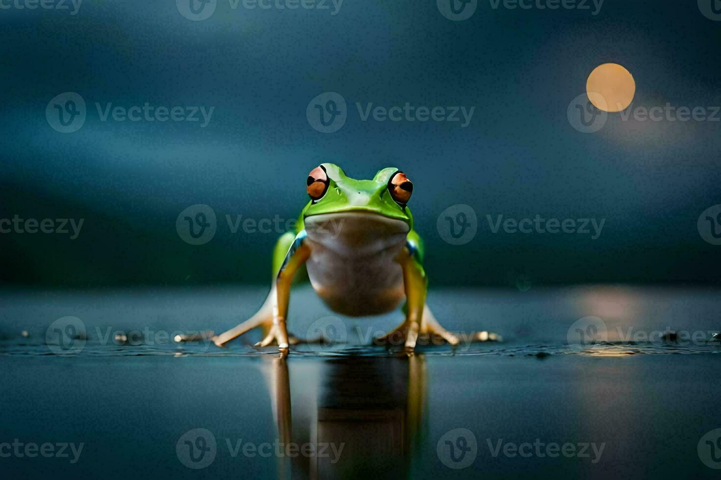 a frog on the water with a full moon in the background. AI-Generated photo