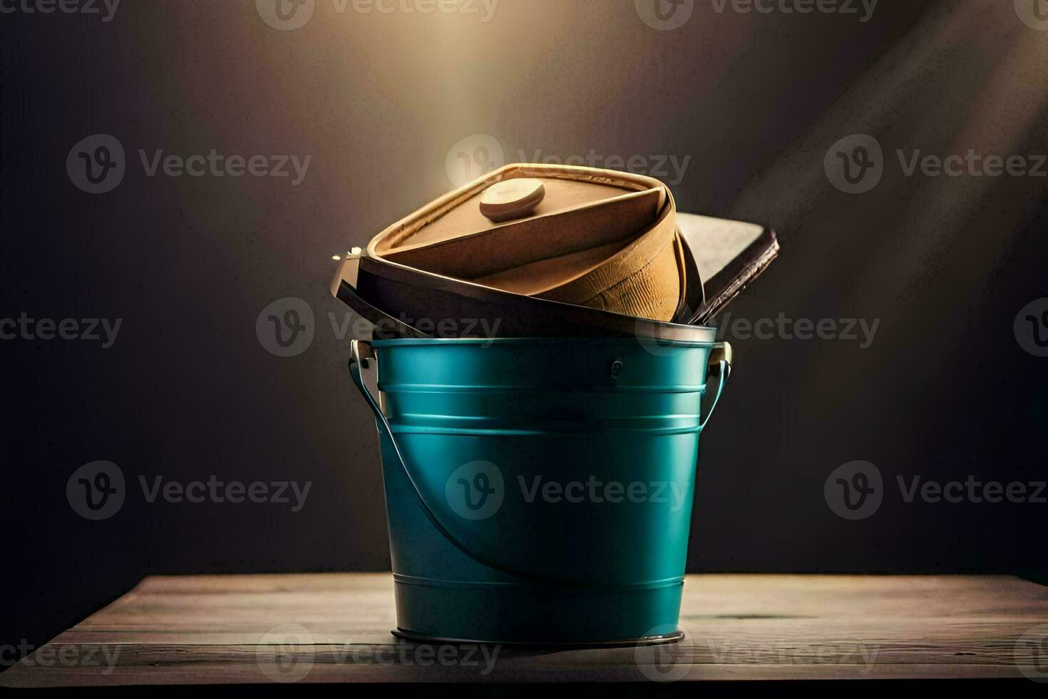 a bucket with a lid on top of a wooden table. AI-Generated photo