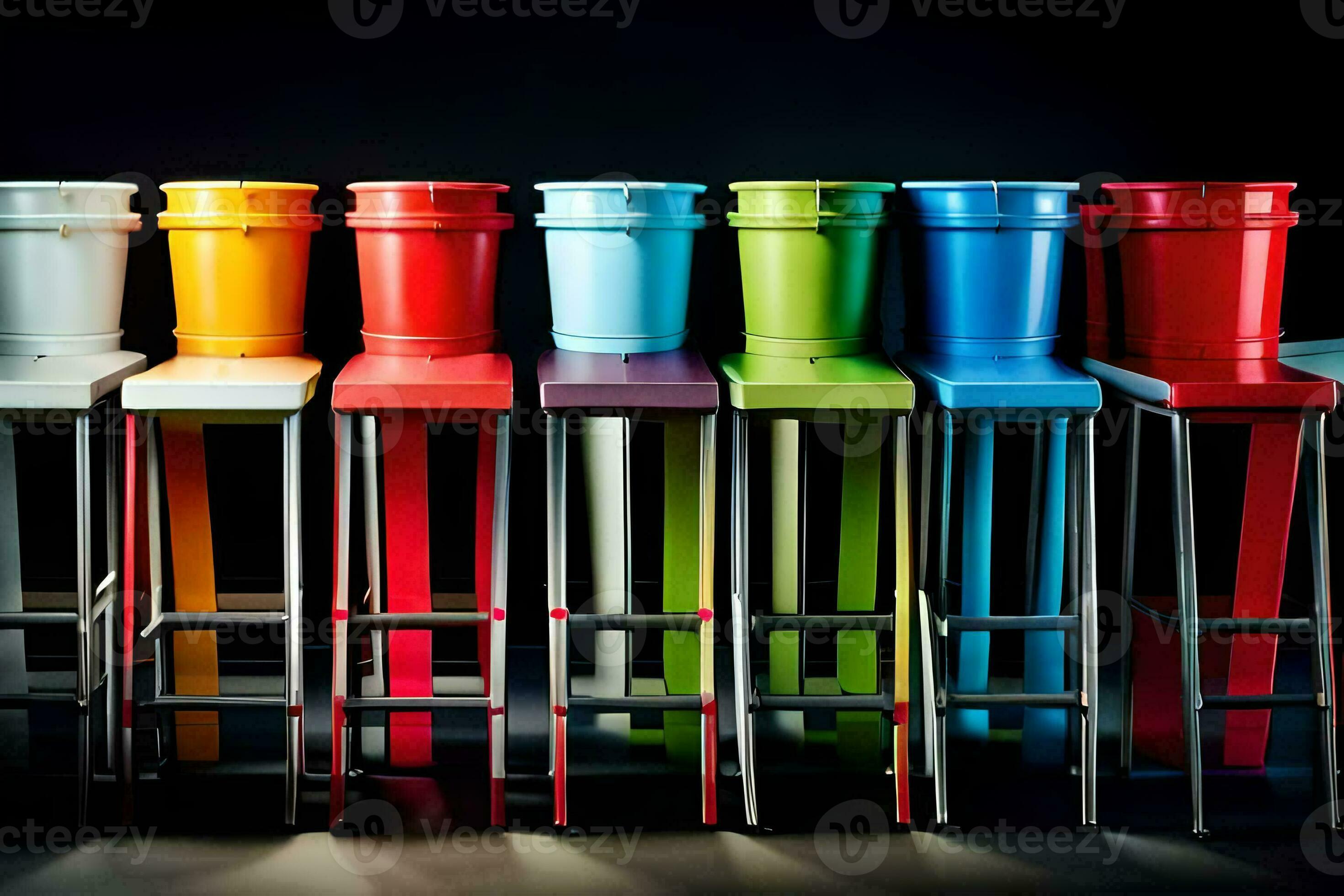 colorful plastic buckets sit on a row of stools. AIGenerated 33463218