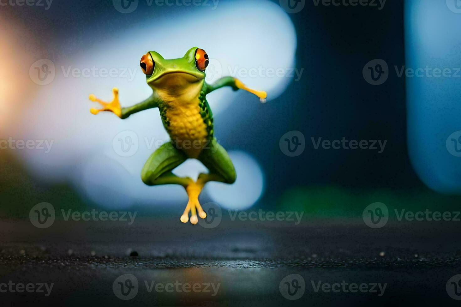 a frog jumping on the ground. AI-Generated photo
